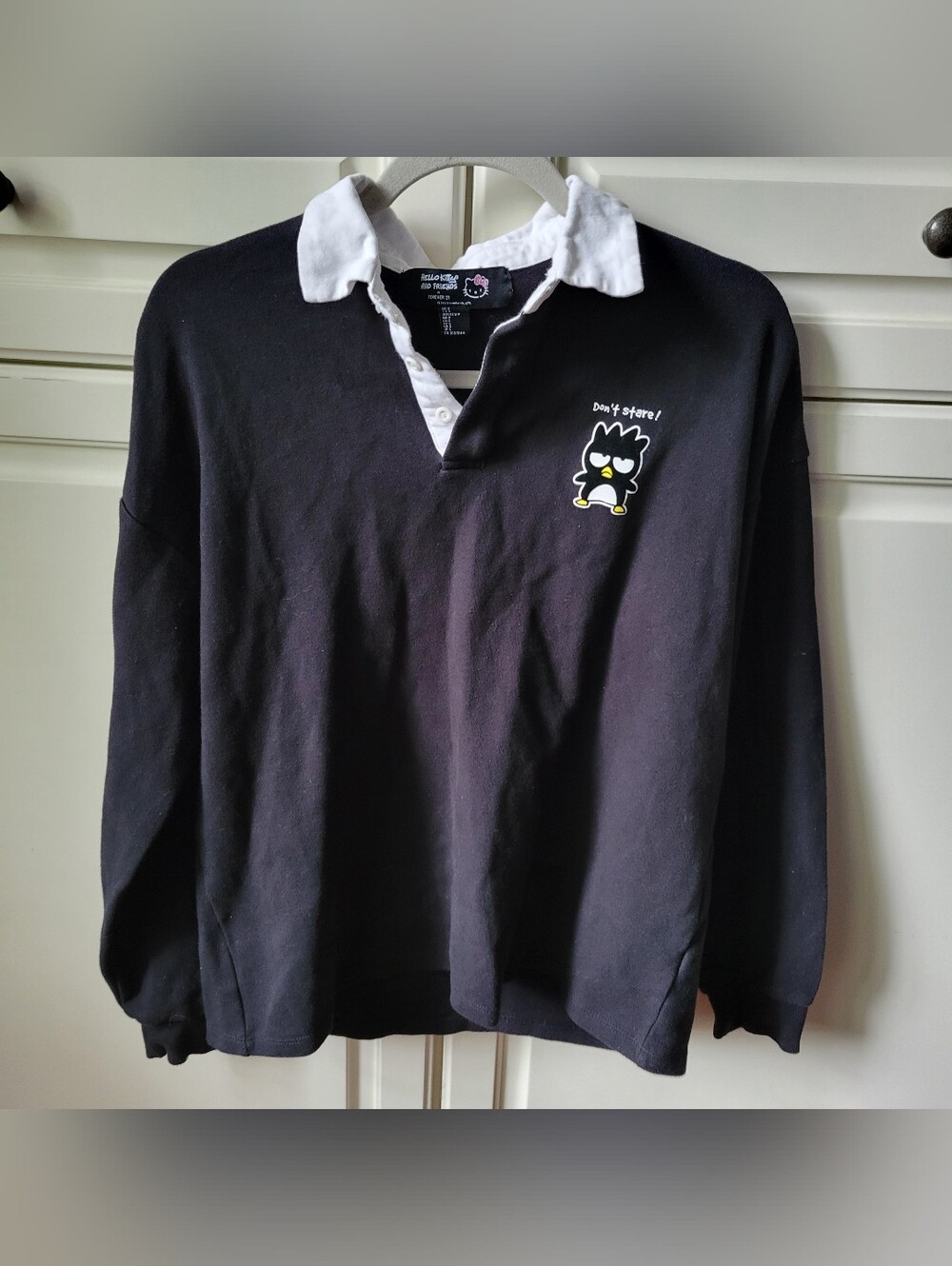 FOREVER 21 Hello Kitty & Friends Badtz-Maru Graphic Rugby Polo Black Size Small